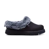 Zueco tipo pantufla Skechers Bobs Keepsakes Lite, color negro, con forro y ribete de piel sintética gris. Presenta parte superior de cuero vegano, plantilla acolchada Memory Foam y suela de goma negra con tracción.
