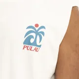 Musculosa marrón con estampado de palmera y texto "Pulau" en el pecho.
