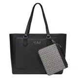 Cartera tipo tote bag Guess grande de color negro, con asas dobles para hombro, bolsillo frontal externo y un monedero o neceser colgante estampado con el monograma de la marca. Cuenta con herrajes plateados y el logo de Guess en la parte frontal.
