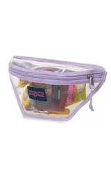 Riñonera transparente con bordes y cierre en color lila. Cuenta con el logo de la marca JanSport en el frente.