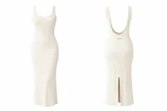 Vestido largo de punto acanalado, sin mangas, con escote redondo y espalda descubierta. Presenta un tajo central en la parte posterior de la falda.