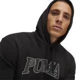 Buzo negro con capucha y cordones ajustables, de corte estándar y manga larga. Presenta un bolsillo tipo canguro y el logo de Puma estampado en el pecho con borde blanco.
