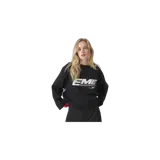 Remera manga larga de color negro con cuello redondo y estampado gráfico blanco en el pecho con el logotipo "EME" y texto descriptivo.