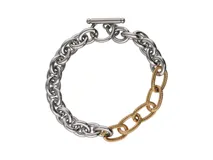 Pulsera de eslabones gruesos, mitad plateada y mitad dorada. Cierre con barra en T.