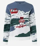 Suéter de punto jacquard de manga larga y cuello redondo con diseño invernal que incluye montañas, un teleférico rojo y un oso esquiando, con terminaciones caneladas en puños y ruedo.