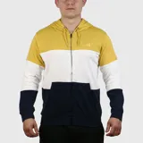 Canguro con capucha color mostaza, blanco y azul marino, con cierre frontal y logo bordado en el pecho.