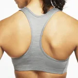 Top deportivo Nike Swoosh de mujer, color gris jaspeado, con espalda cruzada y logo en el frente.