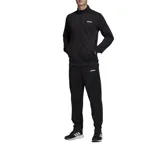 Conjunto deportivo Adidas de hombre, color negro con detalles en blanco. Incluye campera con cierre y cuello alto, y pantalón con corte cónico y puños abiertos.