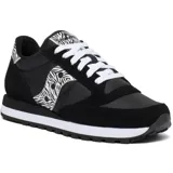Championes Saucony Jazz Original de dama, color negro con detalles en animal print de cebra, cordones blancos y suela blanca con base negra.