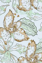 Traje de baño enterizo con escote cuadrado y tiras fruncidas en los laterales, con estampado floral y de estrellas sobre fondo celeste.