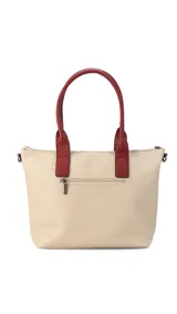 Bolso tipo tote bag de símil cuero con diseño de bloques de color verticales: verde oliva, negro y beige. Posee dos asas de mano negras y una correa ajustable desmontable del mismo color verde oliva del cuerpo principal.