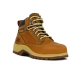 Bota de trabajo Caterpillar color beige con puntera de acero, cordones redondos y suela de goma antideslizante.