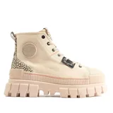 Botas de caña alta color beige con estampado animal print en el talón y suela track color beige.