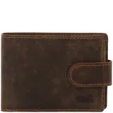 Billetera para hombre confeccionada en cuero natural de tono café, con diseño plegable y cierre mediante broche. Presenta costuras reforzadas en los bordes y un logo grabado en la parte inferior derecha.