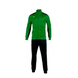 Conjunto deportivo Joma modelo Academy, compuesto por una campera con cierre frontal y cuello alto en color verde con detalles en negro, y un pantalón de jogging negro a juego.
