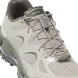 Championes de senderismo Merrell modelo Speedarc Matis, color gris claro con detalles en verde militar y naranja. Parte superior de malla transpirable y TPU, con entresuela de espuma con efecto moteado y suela de caucho Vibram.