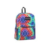 Mochila Jansport unisex con estampado tie-dye multicolor. Tiene un compartimento principal grande, un bolsillo lateral para botella de agua, un bolsillo frontal con organizador y tirantes acolchados.