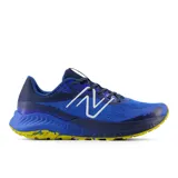 Championes de trail running New Balance Nitrel B5, color azul con detalles en amarillo y logo blanco.
