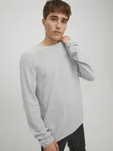 Sweater de punto gris claro melange, de manga larga y cuello redondo.