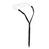 Sujeta lentes de algodón color negro, con sistema de ajuste deslizante y extremos diseñados para sujetarse a las patillas de los anteojos.