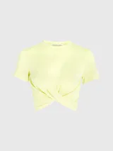 Remera cropped color amarillo pastel, de mangas cortas y cuello redondo. Presenta un panel frontal con twist.