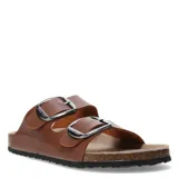 Sandalias tipo Birkenstock color marrón, con dos tiras anchas ajustables mediante hebillas metálicas plateadas. Poseen plantilla anatómica de corcho y suela de goma antideslizante.