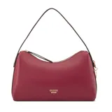 Cartera tipo hobo Guess modelo Jasmin de color rojo con acabado simil cuero, herrajes dorados y logo frontal de la marca. Cuenta con asa para el hombro y cierre superior.