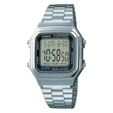 Reloj digital Casio modelo A178WA-1AUDF con caja y malla de acero inoxidable plateado. Cuenta con pantalla LCD, luz LED, cronómetro, alarma y calendario automático.