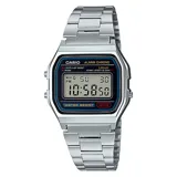 Reloj digital Casio modelo A158WA-1DF de estilo retro, con caja cuadrada de 33mm y brazalete de acero inoxidable plateado. Cuenta con pantalla LCD, funciones de cronómetro, alarma y calendario automático.
