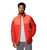 Campera Columbia modelo Powder Lite II, color rojo, con diseño acolchado, cuello alto, cierre frontal y bolsillos laterales con cremallera. Incluye tecnología Omni-Heat™ y aislamiento Thermarator™ de poliéster reciclado.