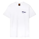 Remera blanca de manga corta con cuello redondo y estampado frontal de la marca Santa Cruz en color violeta con detalles de estrellas.