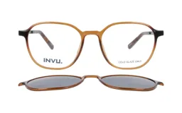 Lentes de receta con armazón de acetato en tono marrón traslúcido y clip-on solar polarizado desmontable con marco a juego.