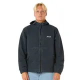 Campera negra con capucha, cierre frontal y logo estampado en el pecho.