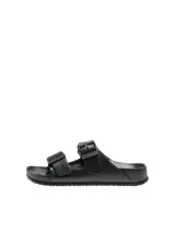Sandalias planas de EVA color negro con acabado con brillo, punta abierta y dos correas ajustables con hebilla de la marca Only.