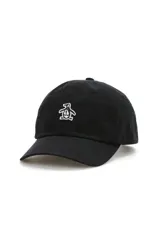 Gorro trucker color negro con visera curva y diseño clásico. Presenta un pequeño bordado frontal en color blanco con la silueta de un pingüino.