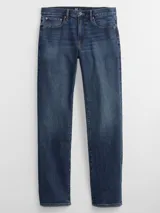 Pantalón de jean corte recto en color azul lavado, con diseño clásico de cinco bolsillos y cierre frontal con botón y cremallera.