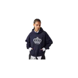 Hoodie oversize azul marino de Eme Studios con capucha, bolsillo frontal tipo canguro y gran estampado de corona blanca en el pecho.
