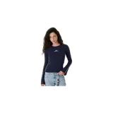 Remera de manga larga azul marino con costuras externas en hilo blanco a contratono, cuello redondo y pequeño logotipo impreso en el pecho.
