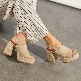 Sandalias de cuero color beige texturizado, con plataforma, taco ancho alto y tira con hebilla ajustable en el talón.