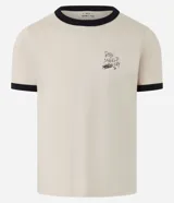 Remera color beige de algodón, modelo baby tee, con cuello y mangas con ribete negro. Estampa en el pecho con la frase "Boys Should Cry".