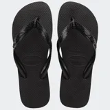 Ojotas clásicas Havaianas modelo Top, color negro, con suela texturizada y tiras de goma con el logo de la marca en relieve.