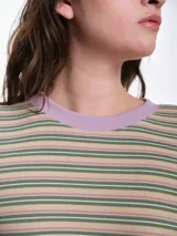 Remera de dormir de corte oversize con estampado de rayas horizontales, confeccionada en algodón con elastano. Presenta cuello redondo en rib de color rojo contrastante y mangas largas.