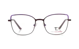 Armazón para lentes de metal color moka con detalles en violeta en la parte superior del frente.