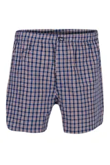Calzoncillo tipo bóxer de tela a cuadros azules, verdes y blancos, con cintura elástica.