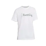 Remera blanca de algodón y poliéster con logo de Nike y texto "Running" en verde.