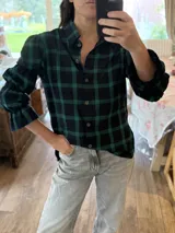 Camisa de manga larga con estampado de cuadros en tonos verde y negro. Presenta cuello clásico, cierre frontal con botones y mangas con detalle de fruncido elástico en el antebrazo y puños con volados.