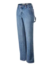 Pantalón de jean tiro alto y pierna recta, confeccionado en denim azul. Presenta diseño clásico estilo carpintero con trabilla lateral para herramientas y bolsillos diagonales.