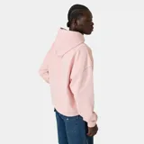 Hoodie de corte oversize color rosado con capucha, manga larga y estampa frontal del logo de la marca en tono marrón.