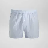 Pack de tres bóxers de algodón, uno a rayas verticales celestes y blancos, uno a cuadros grandes azul marino y blancos, y uno a cuadros pequeños azul marino y blancos.