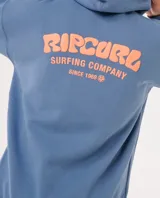 Canguro con capucha Rip Curl modelo Surf Puff Hood, color azul, con estampa en la espalda con el texto 'Ripcurl Surfing Company Since 1969' en color naranja.